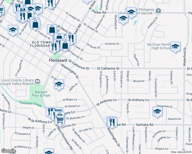 map of restaurants, bars, coffee shops, grocery stores, and more near 22 Orchard Drive in Florissant
