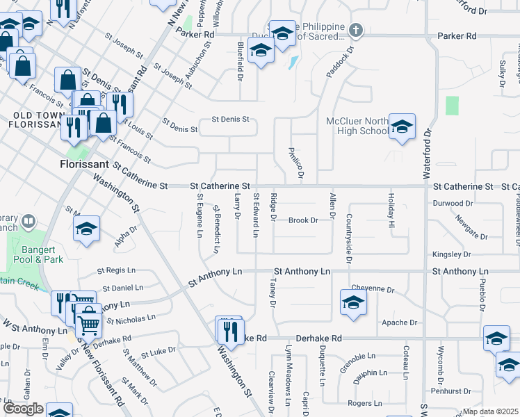 map of restaurants, bars, coffee shops, grocery stores, and more near 470 Saint Edward Lane in Florissant