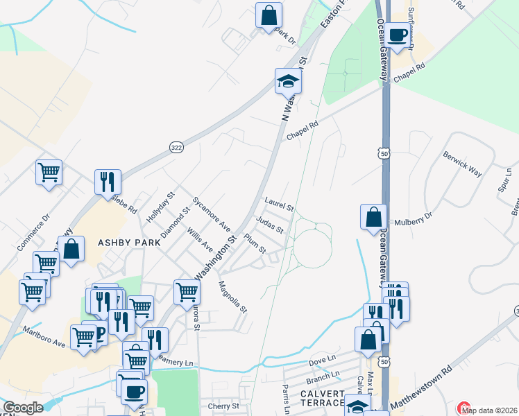 map of restaurants, bars, coffee shops, grocery stores, and more near 706 N Washington St in Easton