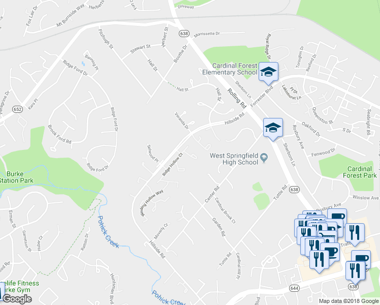 map of restaurants, bars, coffee shops, grocery stores, and more near 6051 Hollow Hill Ln in Springfield