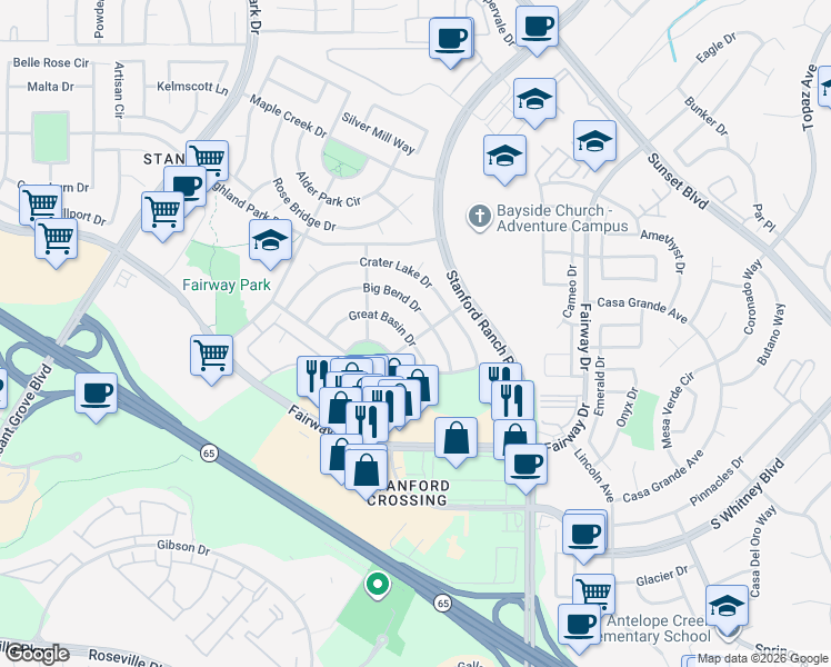 map of restaurants, bars, coffee shops, grocery stores, and more near 6040 Great Basin Drive in Roseville