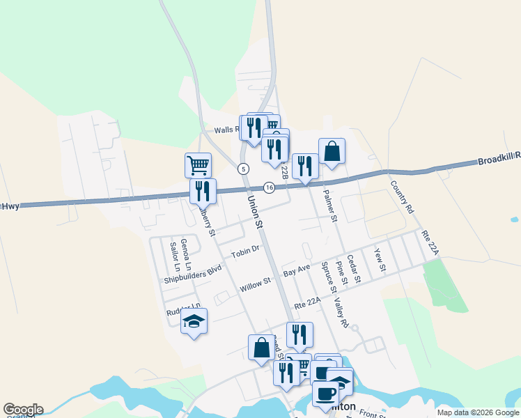 map of restaurants, bars, coffee shops, grocery stores, and more near 601 Union Street in Milton