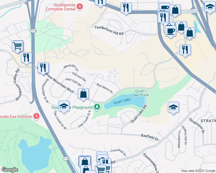 map of restaurants, bars, coffee shops, grocery stores, and more near 910 Red Mesa Drive in Colorado Springs