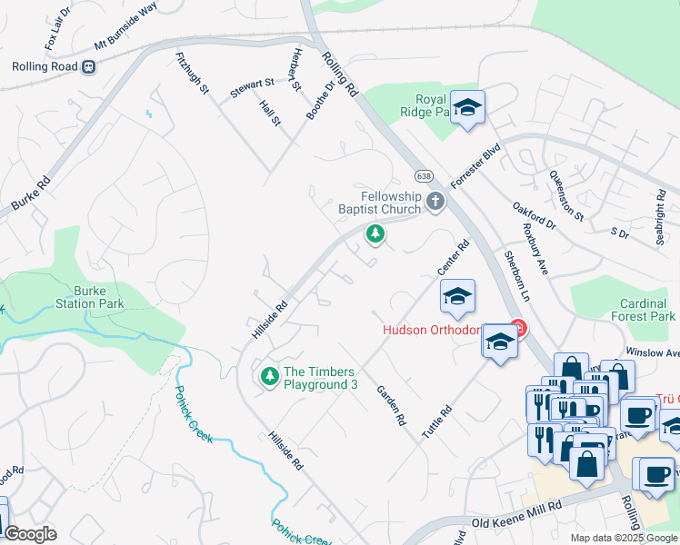 map of restaurants, bars, coffee shops, grocery stores, and more near 6051 Hollow Hill Ln in Springfield