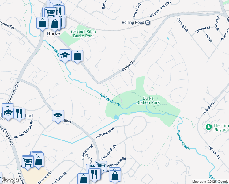 map of restaurants, bars, coffee shops, grocery stores, and more near 6037 Liberty Bell Court in Burke
