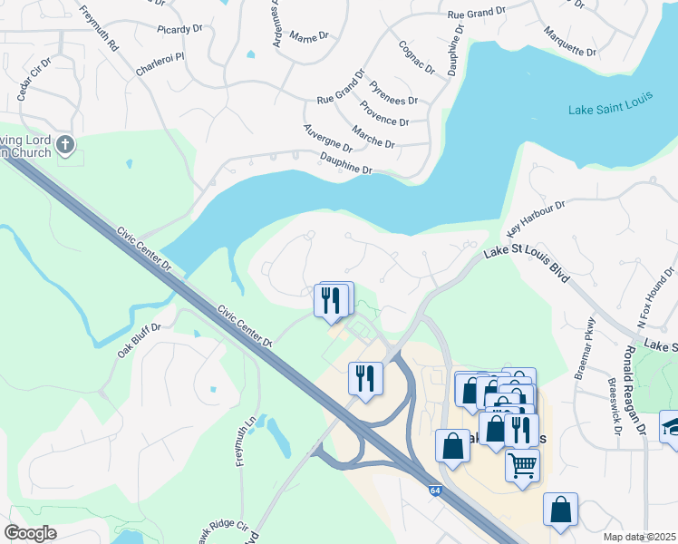 map of restaurants, bars, coffee shops, grocery stores, and more near 24 Park Hill Circle in Lake Saint Louis