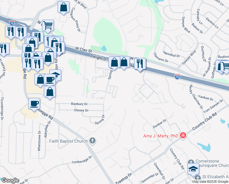 map of restaurants, bars, coffee shops, grocery stores, and more near 138 Wellspring Drive in Saint Charles