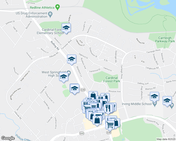 map of restaurants, bars, coffee shops, grocery stores, and more near 6105 Roxbury Avenue in West Springfield