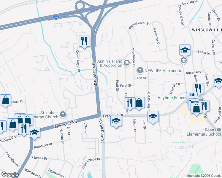 map of restaurants, bars, coffee shops, grocery stores, and more near 5899 Estates Drive in Alexandria