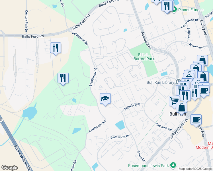 map of restaurants, bars, coffee shops, grocery stores, and more near 11287 Golden Leaf Circle in Manassas
