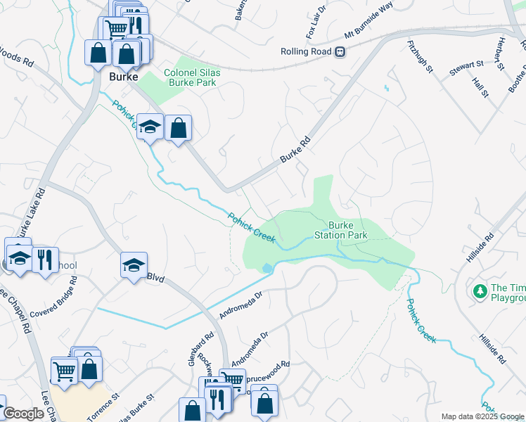 map of restaurants, bars, coffee shops, grocery stores, and more near 6037 Liberty Bell Court in Burke