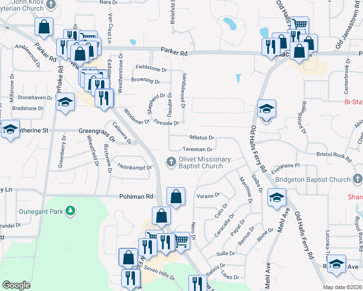 map of restaurants, bars, coffee shops, grocery stores, and more near 4171 Tarentum Drive in Florissant