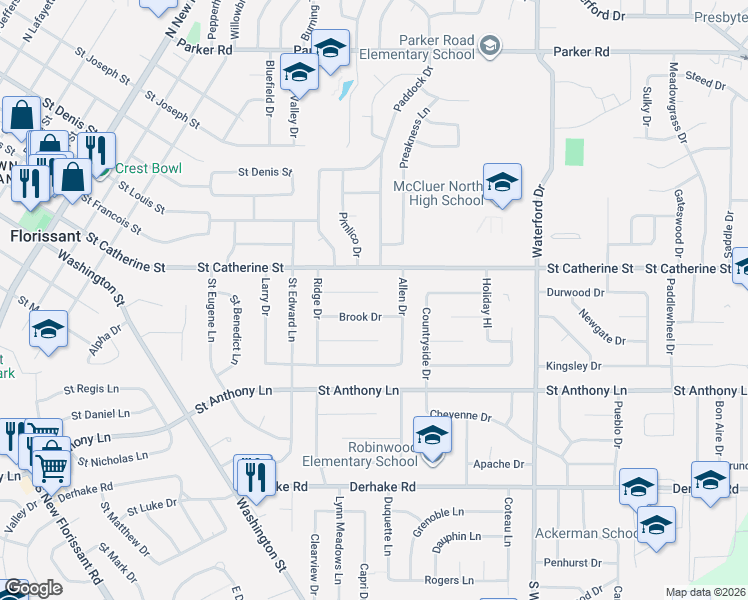 map of restaurants, bars, coffee shops, grocery stores, and more near 2360 Cherry Lane in Florissant