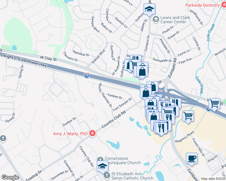 map of restaurants, bars, coffee shops, grocery stores, and more near 98 Huck Finn Drive in Saint Charles