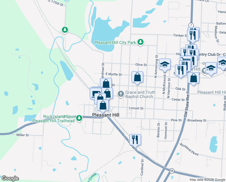 map of restaurants, bars, coffee shops, grocery stores, and more near 105 North Lake Street in Pleasant Hill