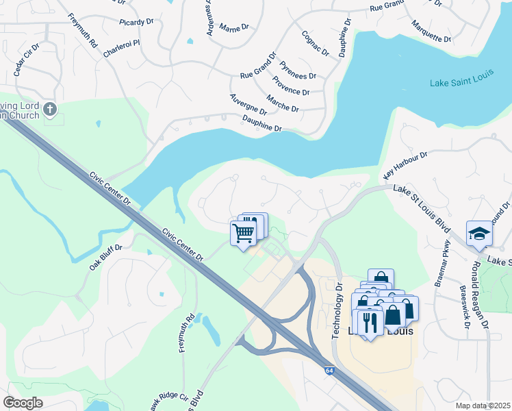 map of restaurants, bars, coffee shops, grocery stores, and more near 24 Park Hill Circle in Lake Saint Louis