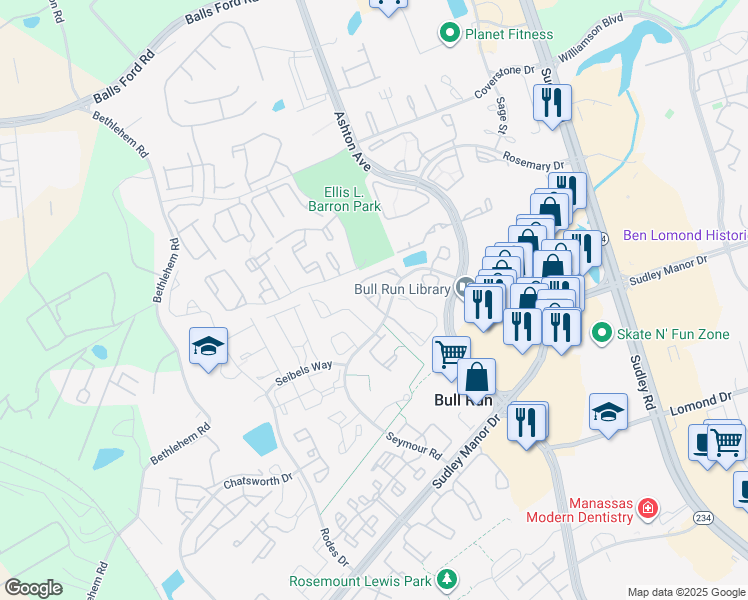 map of restaurants, bars, coffee shops, grocery stores, and more near 7689 Staunton Circle in Manassas