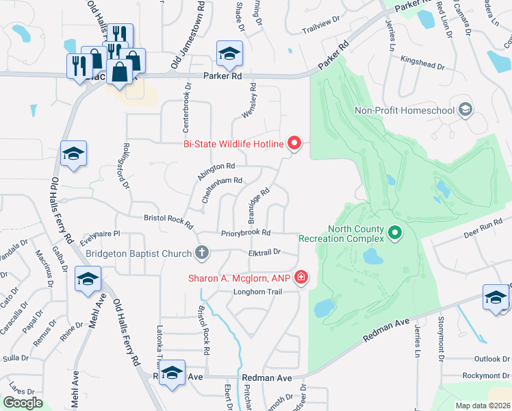 map of restaurants, bars, coffee shops, grocery stores, and more near 11872 South Branridge Road in Florissant