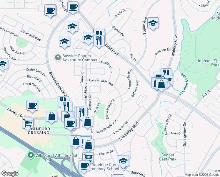 map of restaurants, bars, coffee shops, grocery stores, and more near 3810 Diamond Court in Rocklin