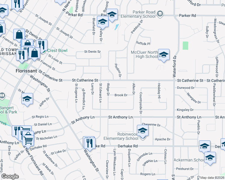 map of restaurants, bars, coffee shops, grocery stores, and more near 2260 Cherry Lane in Florissant