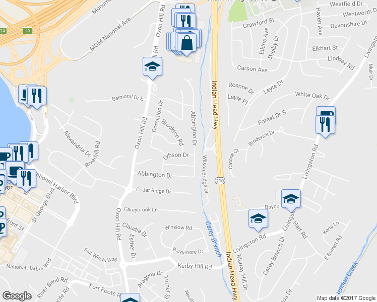 map of restaurants, bars, coffee shops, grocery stores, and more near 402 Gibson Dr in Oxon Hill