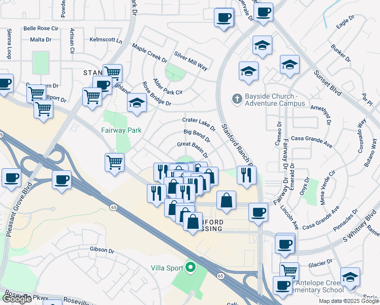 map of restaurants, bars, coffee shops, grocery stores, and more near 6188 Grand Canyon Drive in Roseville