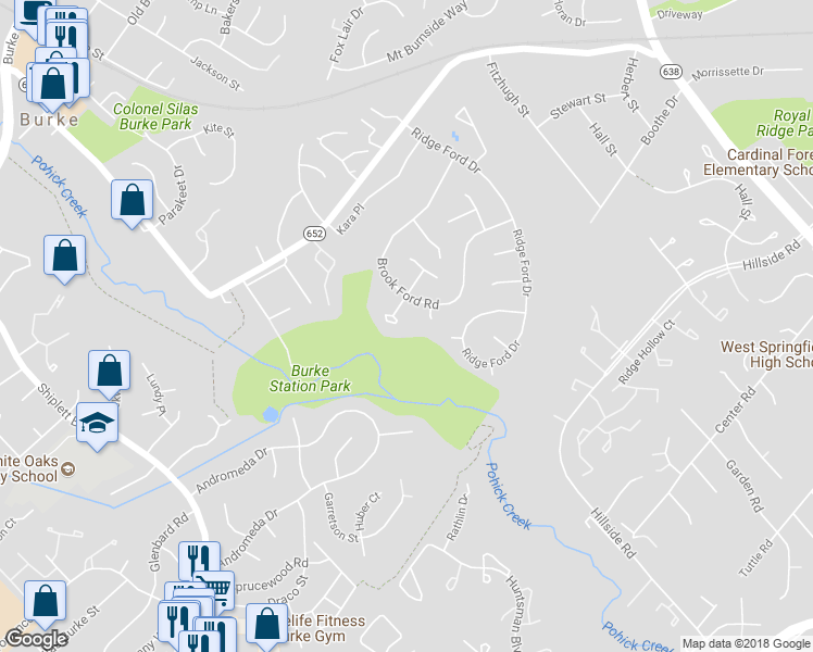 map of restaurants, bars, coffee shops, grocery stores, and more near 6015 Kerrwood Street in Burke