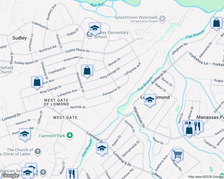 map of restaurants, bars, coffee shops, grocery stores, and more near 9526 Damascus Drive in Manassas