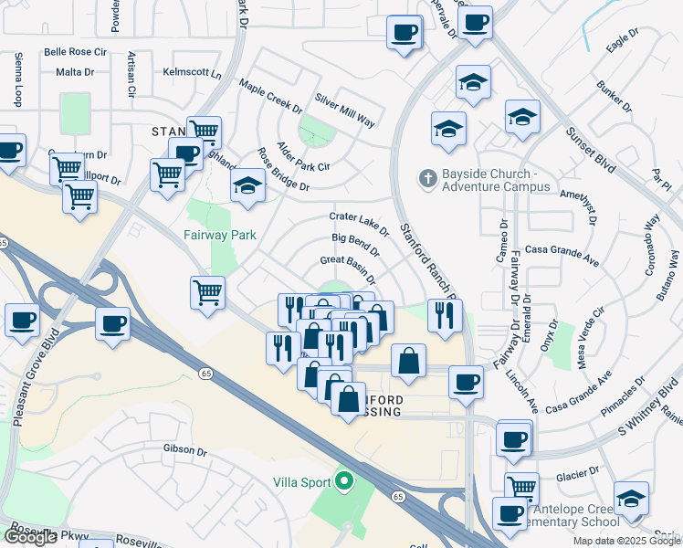 map of restaurants, bars, coffee shops, grocery stores, and more near 6188 Grand Canyon Drive in Roseville