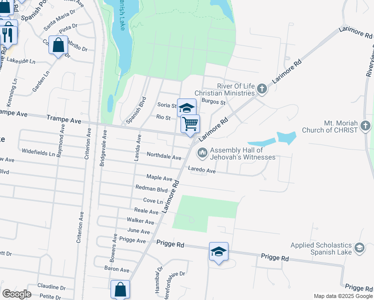 map of restaurants, bars, coffee shops, grocery stores, and more near 11927 Larimore Road in St. Louis