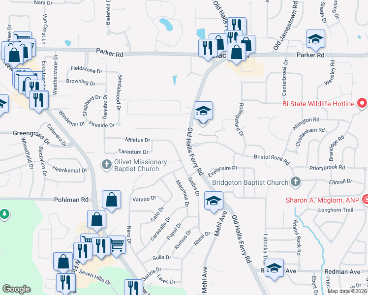 map of restaurants, bars, coffee shops, grocery stores, and more near 11875 Old Halls Ferry Road in Florissant