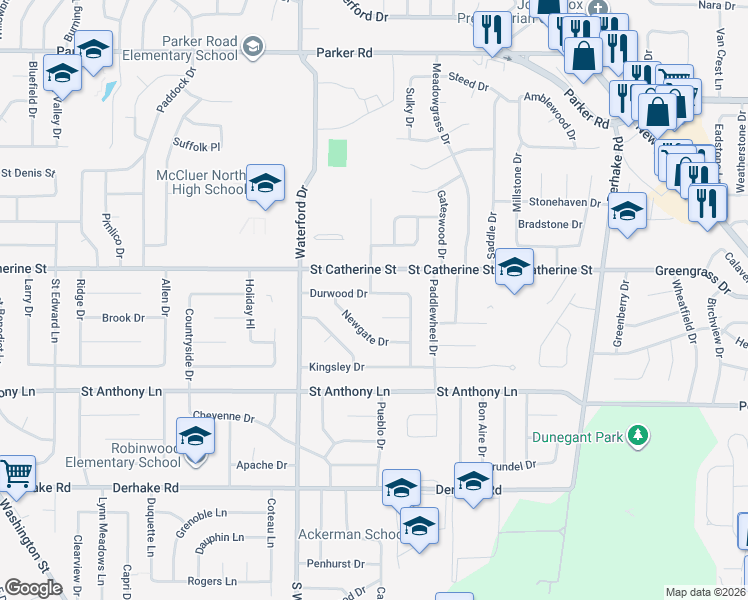 map of restaurants, bars, coffee shops, grocery stores, and more near 3100 Durwood Drive in Florissant