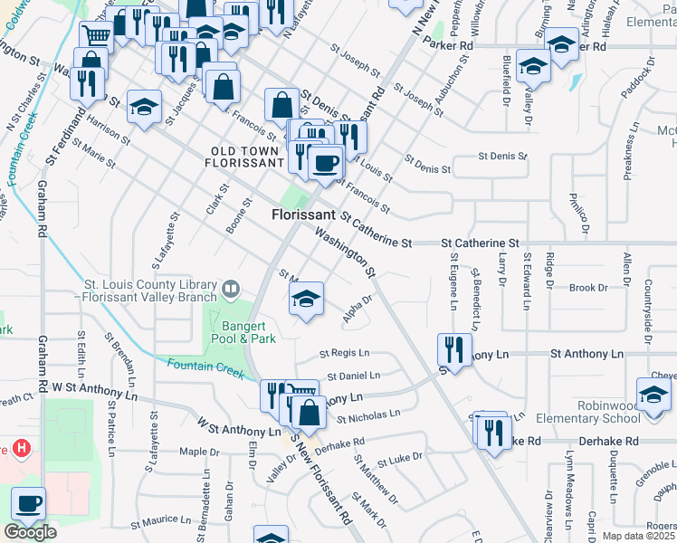 map of restaurants, bars, coffee shops, grocery stores, and more near 310 Aubuchon Street in Florissant
