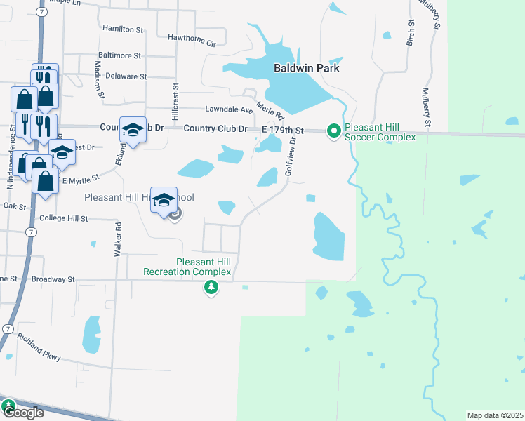 map of restaurants, bars, coffee shops, grocery stores, and more near 300 Golfview Drive in Pleasant Hill