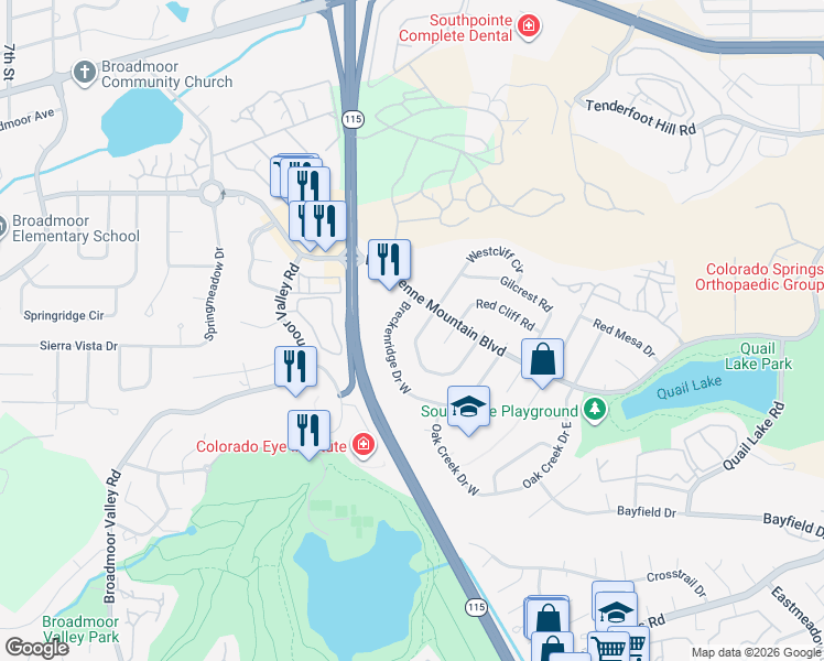 map of restaurants, bars, coffee shops, grocery stores, and more near 3148 Westcliff Drive West in Colorado Springs