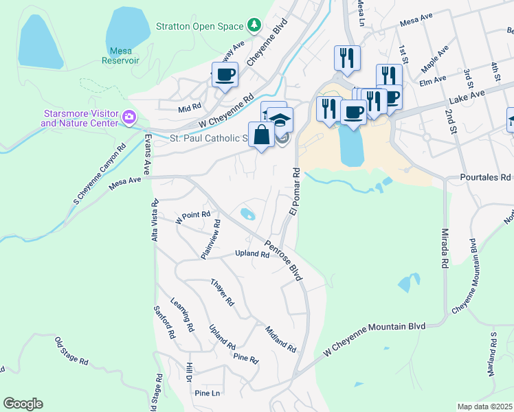 map of restaurants, bars, coffee shops, grocery stores, and more near 2 Penrose Boulevard in Colorado Springs