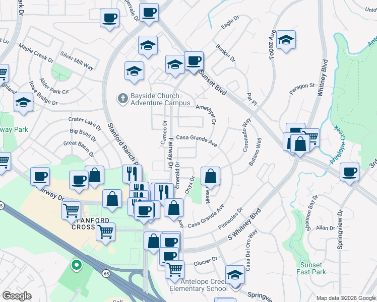 map of restaurants, bars, coffee shops, grocery stores, and more near 5511 Peridot Drive in Rocklin