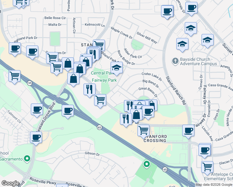 map of restaurants, bars, coffee shops, grocery stores, and more near 751 Central Park Drive in Roseville