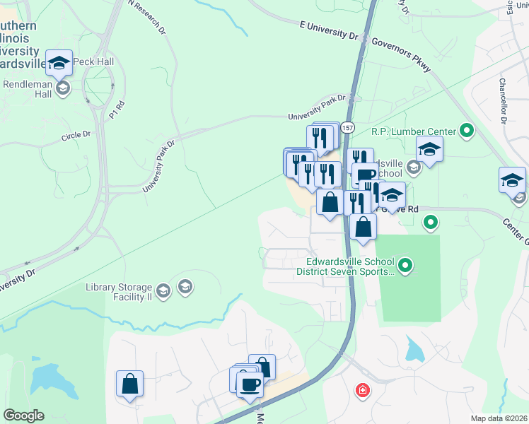 map of restaurants, bars, coffee shops, grocery stores, and more near 62 South Cherry Hills in Edwardsville