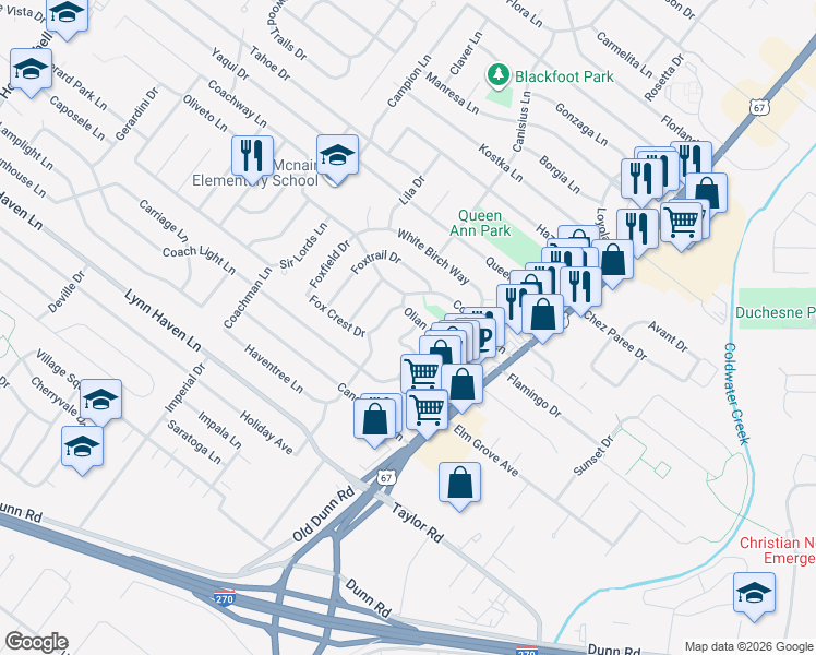 map of restaurants, bars, coffee shops, grocery stores, and more near 448 Olian Drive in Hazelwood