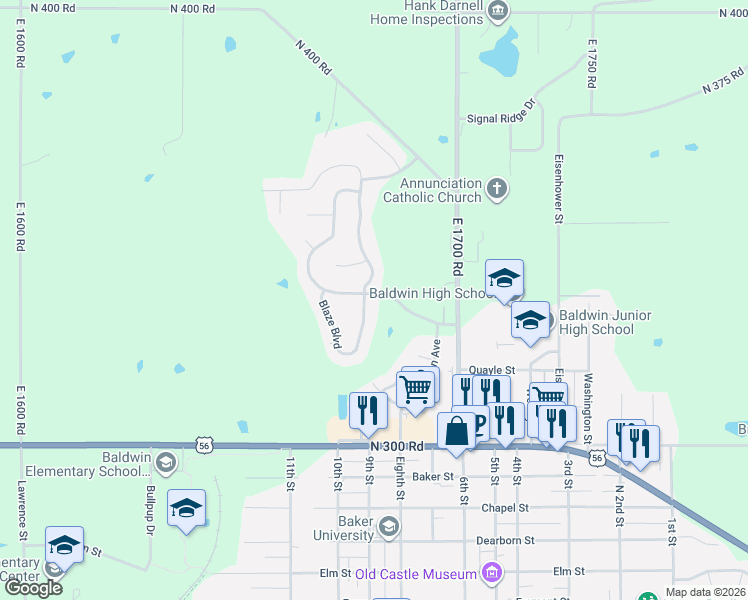 map of restaurants, bars, coffee shops, grocery stores, and more near 414 Flame Way in Baldwin City