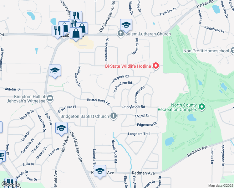map of restaurants, bars, coffee shops, grocery stores, and more near 5186 Cheltenham Road in Florissant