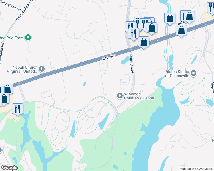 map of restaurants, bars, coffee shops, grocery stores, and more near 14859 Lee Hwy in Gainesville