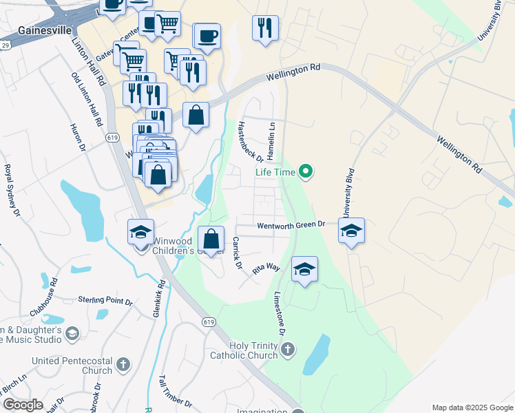 map of restaurants, bars, coffee shops, grocery stores, and more near 7071 Darbey Knoll Drive in Gainesville