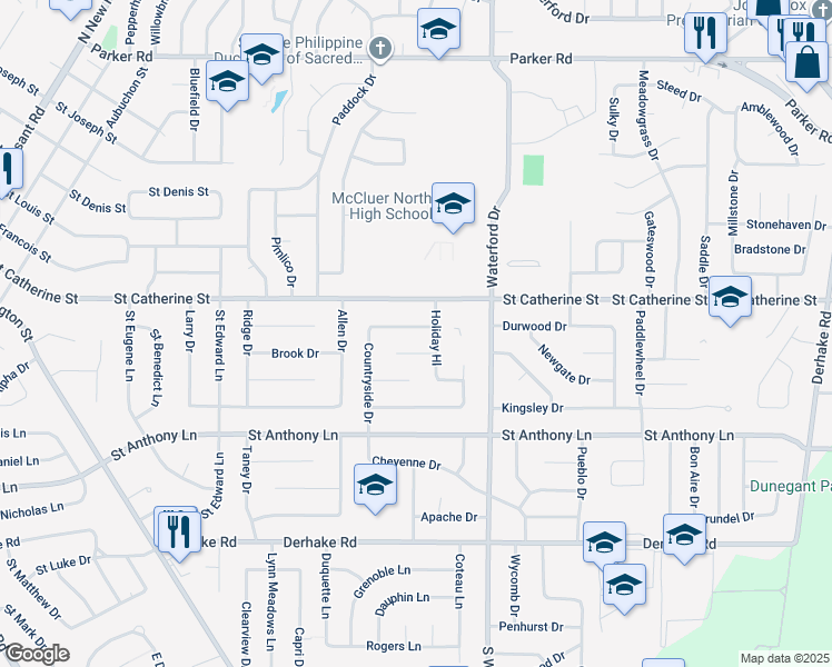 map of restaurants, bars, coffee shops, grocery stores, and more near 2760 Countryside Drive in Florissant