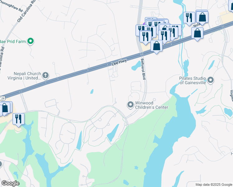 map of restaurants, bars, coffee shops, grocery stores, and more near 14859 Lee Hwy in Gainesville