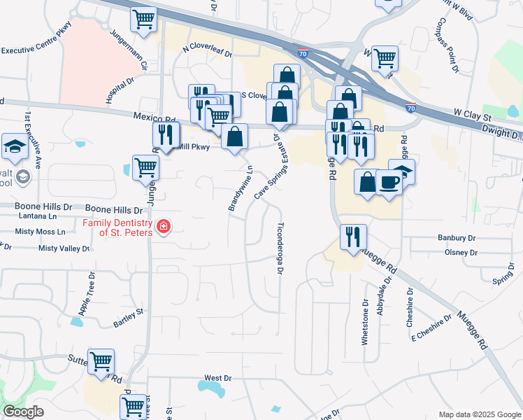 map of restaurants, bars, coffee shops, grocery stores, and more near 1315 Blue Ridge Dr in St Peters
