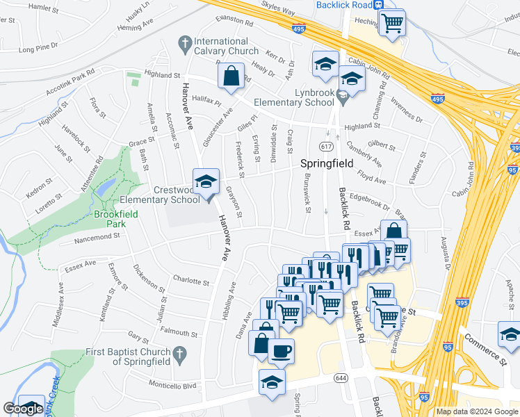 map of restaurants, bars, coffee shops, grocery stores, and more near 6015 Frederick Street in Springfield