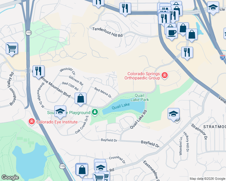map of restaurants, bars, coffee shops, grocery stores, and more near 1041 Moorings Drive in Colorado Springs