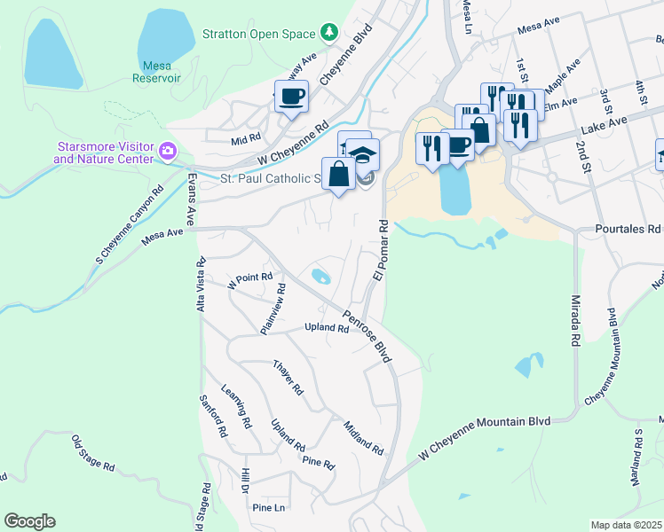 map of restaurants, bars, coffee shops, grocery stores, and more near 2 Penrose Boulevard in Colorado Springs